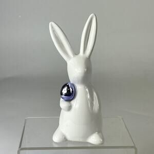 White Bunny Rabbit Figurine Ceramic Glazed Minimalist 4.5" Easter Decor Purple